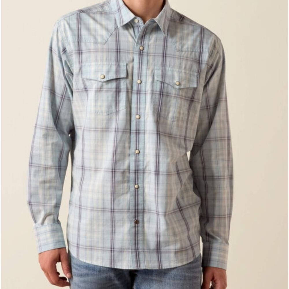 Ariat Men's XXLHarry Retro Light Blue Shadow Plaid Fitted Snap Shirt Western - Picture 2 of 11